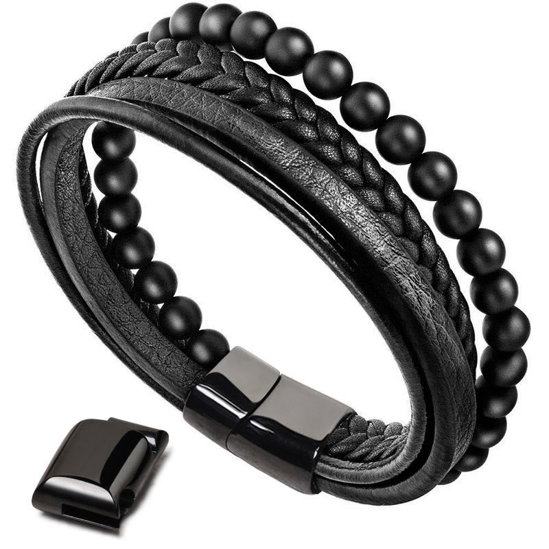 Bransoletka skórzana z Buddha Stones Natural Lava Rock Black Onyx Bead