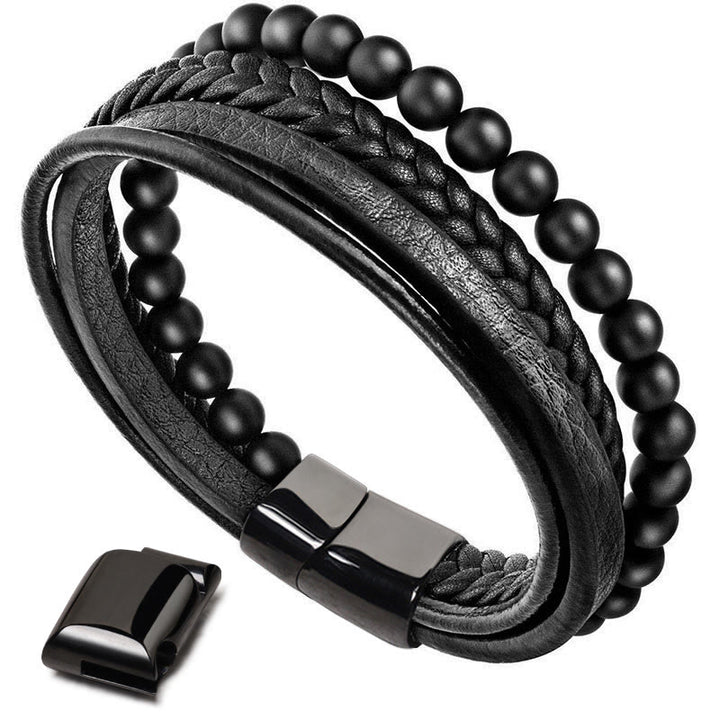 Bransoletka skórzana z Buddha Stones Natural Lava Rock Black Onyx Bead