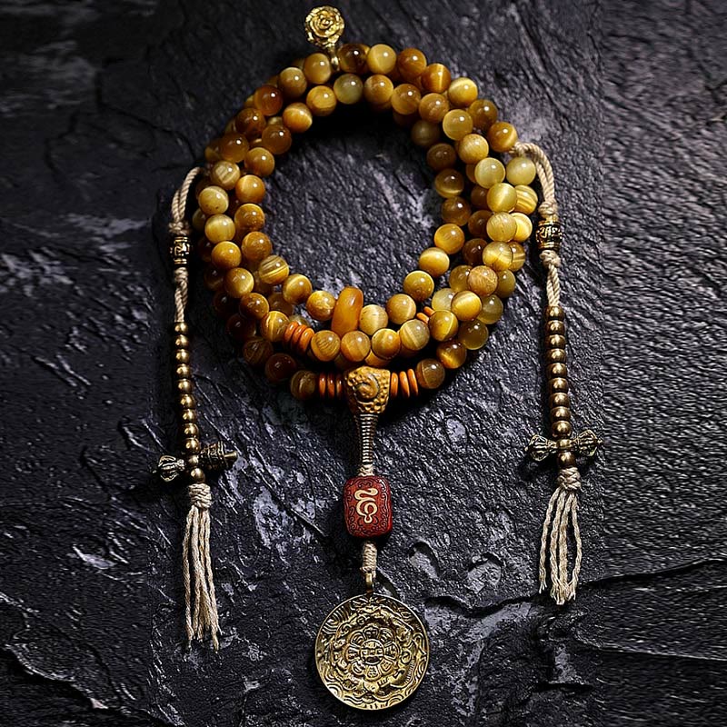 Buddha Stones 108 Mala Koraliki Naturalne Tygrysie Oko Miedź Dorje Ochrona Bransoletka z Chwostem