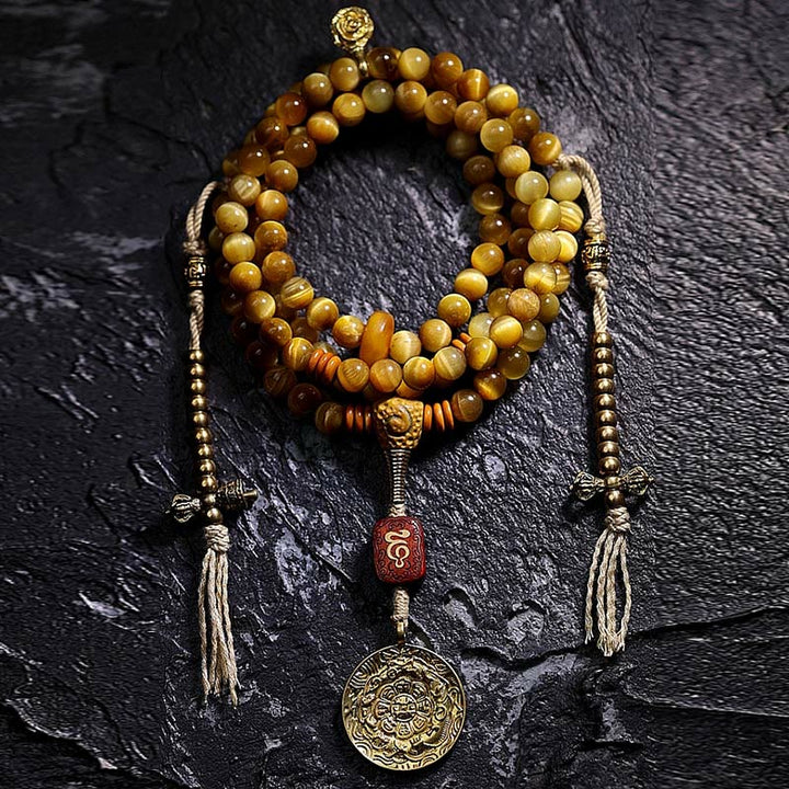 Buddha Stones 108 Mala Koraliki Naturalne Tygrysie Oko Miedź Dorje Ochrona Bransoletka z Chwostem