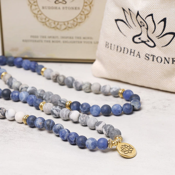 Buddha Stones Bransoletka z 108 naturalnych jaspisów Picasso i niebieskich kamieni Mala Bead Lotus