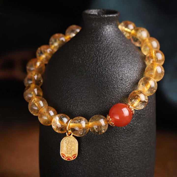 Bransoletka z zawieszką szczęścia i Buddha Stones w kolorze cytrynu i czerwonego agatu