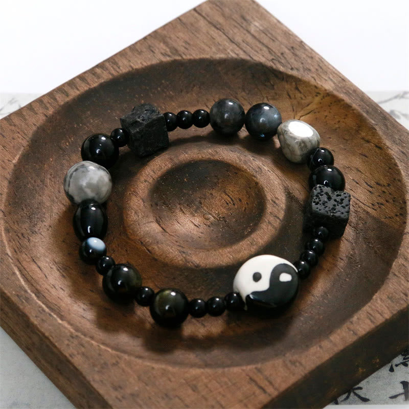 Bransoletka ochronna z Buddha Stones z czarnego onyksu i koralikami z jaspisu Picasso Yin Yang
