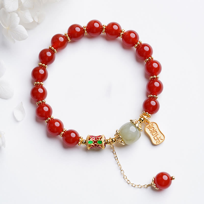 Buddha Stones Naturalny Czerwony Agat Hetian Jade Fu Charakter Pewność Bransoletka Charm