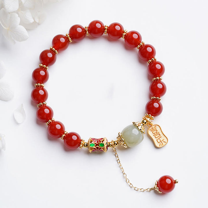 Buddha Stones Naturalny Czerwony Agat Hetian Jade Fu Charakter Pewność Bransoletka Charm