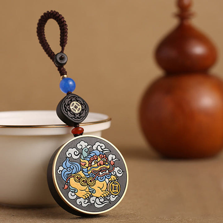 Buddha Stones PiXiu Miedziana Moneta Drewno Hebanowe Szczęście Przyciąga Bogactwo Brelok Dekoracja