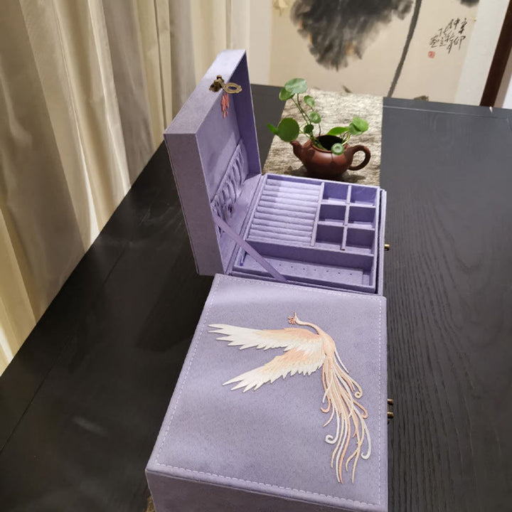 Pudełko na biżuterię Buddha Stones Fioletowy Feniks Organizator Dwuwarstwowe Pudełko do przechowywania biżuterii Flanelowe pudełko