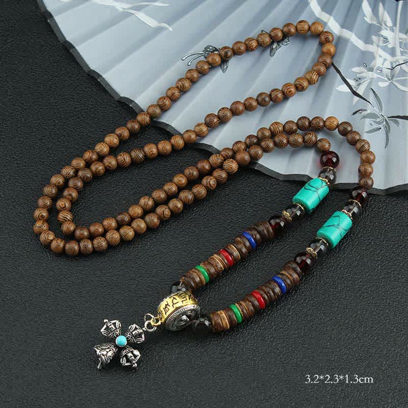 Buddha Stones Tybetańskie Om Mani Padme Hum Modlitewne Koło Obrotowe Naszyjnik Wisiorek z Drewna Vajra - Błękitny Krzyż Vajra - image 29