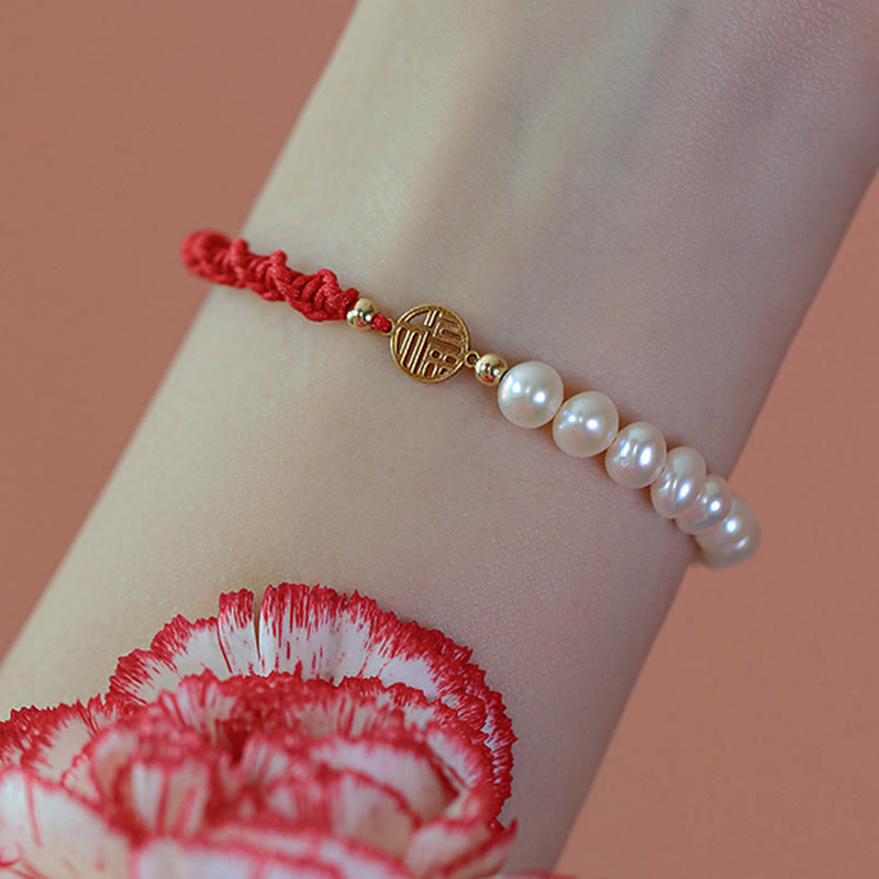 Bransoletka z czerwonego sznurka z perłowymi koralikami i powłoką ochronną 14K Gold