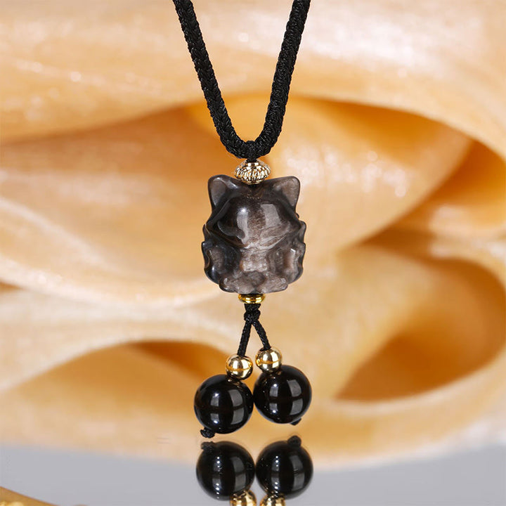Buddha Stones Naturalny Srebrny Połysk Obsydian Dziewięcioogonowy Naszyjnik Ochronny Lis Wisiorek