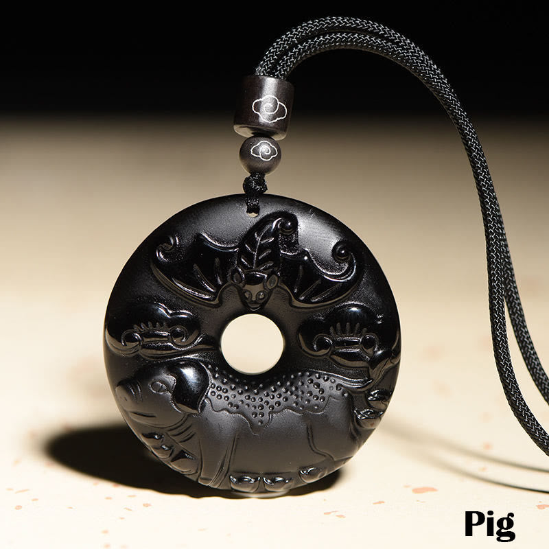 Buddha Stones Chiński Zodiak Naturalny Czarny Obsydian Spokój Klamra Siła Naszyjnik Wisiorek - Świnia - image 23