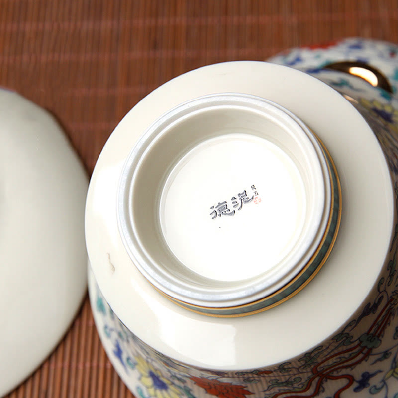 Buddha Stones Retro Śliwkowy Kwiat Sosna Bambus Feniks Kirin Ceramiczny Gaiwan Sancai Filiżanka do herbaty Kung Fu Filiżanka do herbaty i spodek z pokrywką