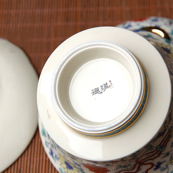 Buddha Stones Retro Śliwkowy Kwiat Sosna Bambus Feniks Kirin Ceramiczny Gaiwan Sancai Filiżanka do herbaty Kung Fu Filiżanka do herbaty i spodek z pokrywką