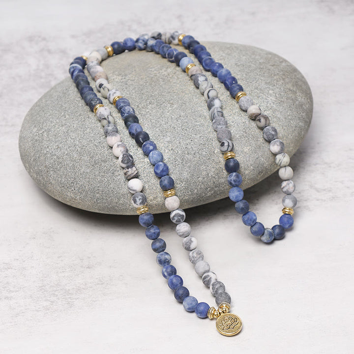 Buddha Stones Bransoletka z 108 naturalnych jaspisów Picasso i niebieskich kamieni Mala Bead Lotus