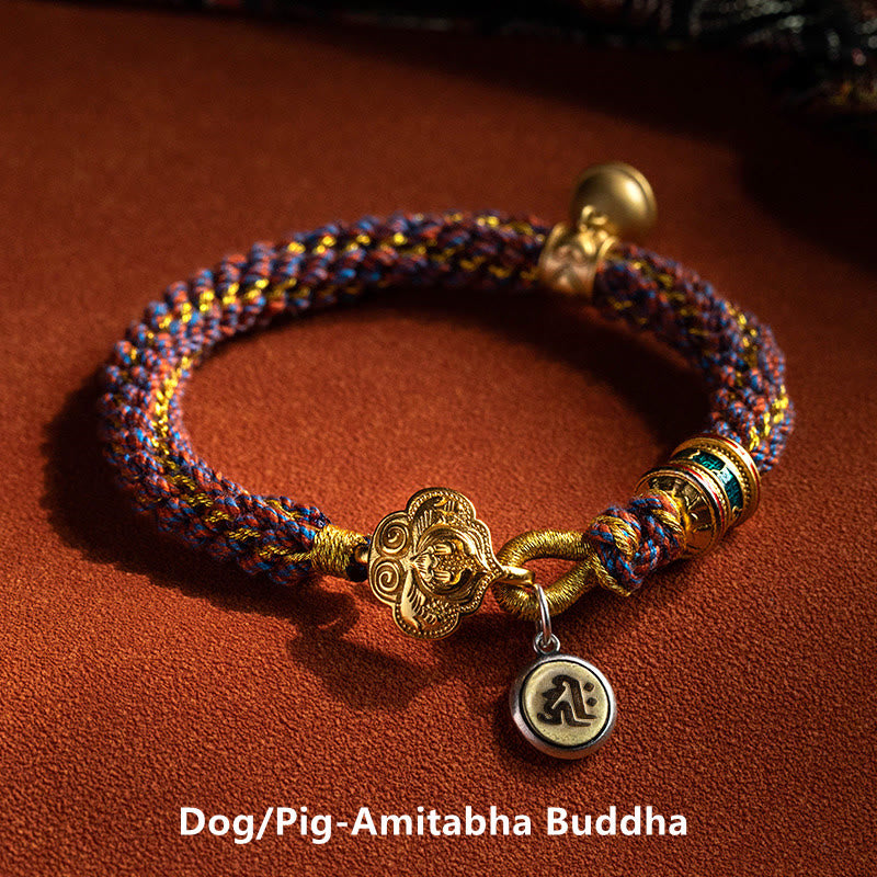 Buddha Stones 925 Srebro Sterlingowe Chiński Zodiak Natal Budda Om Mani Padme Hum Dzwonek Szczęścia Bransoletka ze Sznurka Plecionego