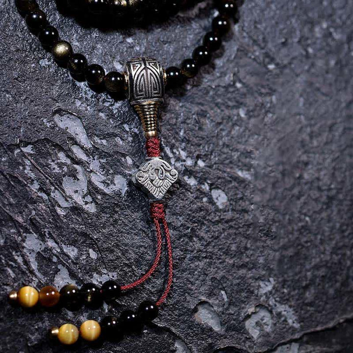 Buddha Stones 108 Mala Beads Złoty połysk Obsydian Tygrysie Oko Orle Oko Kamień Bransoletka Bogactwa