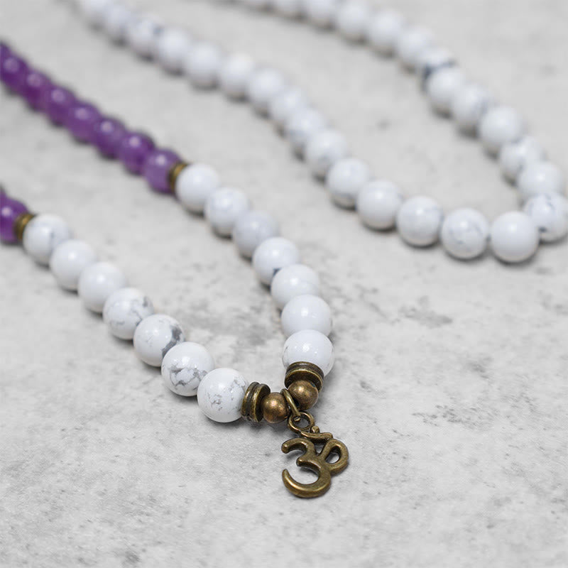 Buddha Stones 108 Mala Beads Ametyst Biały Turkus OM Healing Medytacja Energia Bransoletka