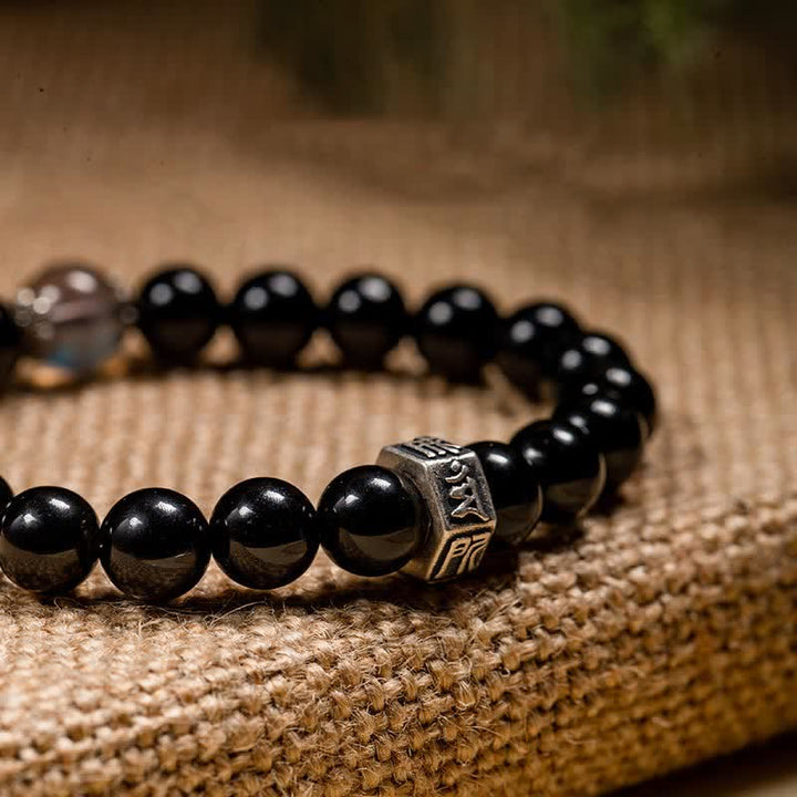 Chiński zodiak Natal Buddha 925 Srebro Sterling Czarny Obsydian Moonstone Bransoletka Siła