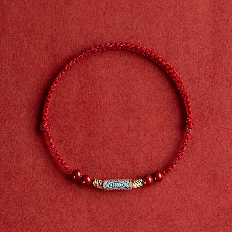 Buddha Stones 925 Srebro Sterling Ryba Koi Koralik Cynober Bogactwo Ręcznie Robiona Bransoletka Pleciona Bransoletka na Nogę