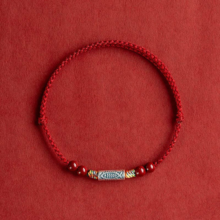 Buddha Stones 925 Srebro Sterling Ryba Koi Koralik Cynober Bogactwo Ręcznie Robiona Bransoletka Pleciona Bransoletka na Nogę