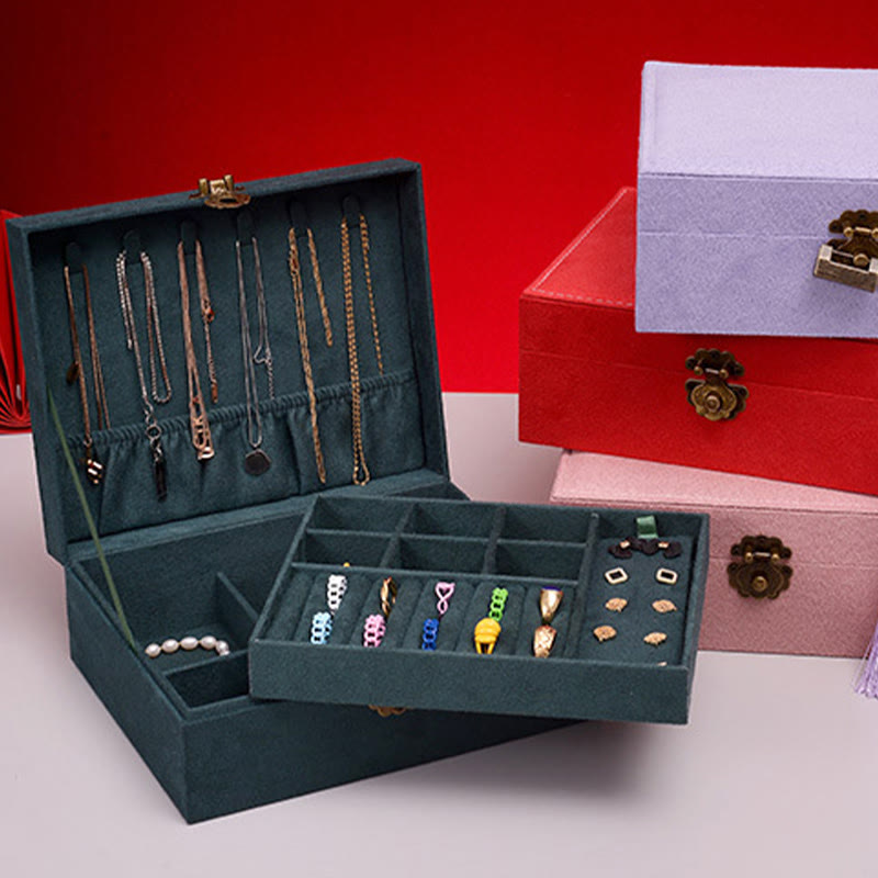 Buddha Stones Prosty Design Organizer na biżuterię Dwuwarstwowe pudełko do przechowywania biżuterii Flanelowe pudełko z zamkiem - image 5