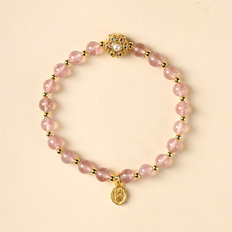 Buddha Stones 14K pozłacane Naturalny Kwarc Truskawkowy Labradoryt Kamień Słoneczny Fu Charakter Pozytywny Charm Bransoletka