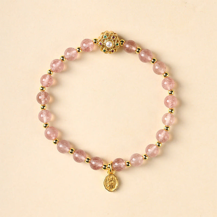 Buddha Stones 14K pozłacane Naturalny Kwarc Truskawkowy Labradoryt Kamień Słoneczny Fu Charakter Pozytywny Charm Bransoletka