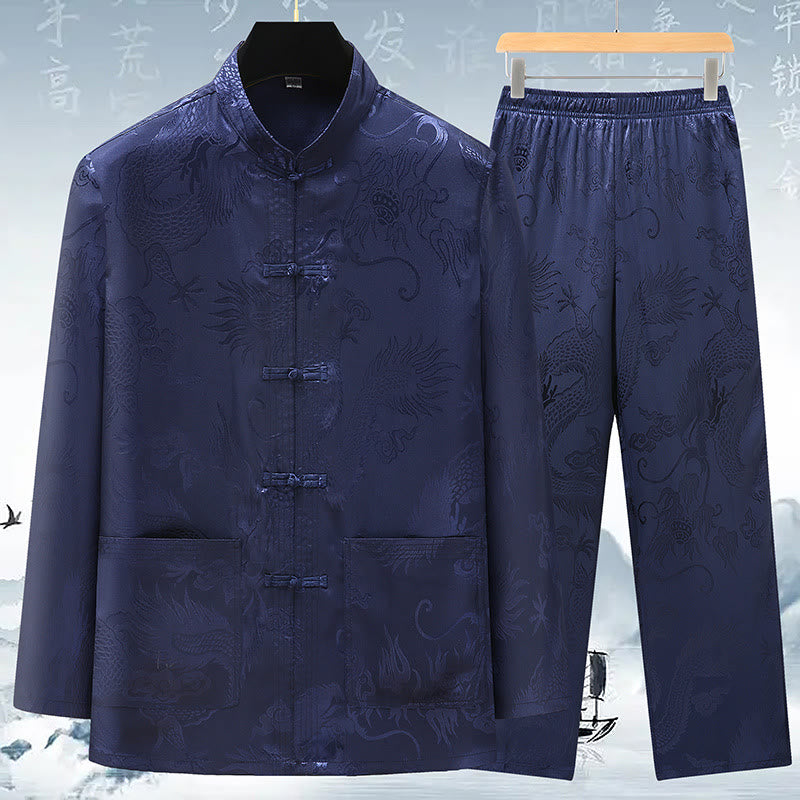 Buddha Stones Tang Suit Mężczyźni Hanfu Chiński Smok Tradycyjne Ubrania Kung Fu Koszula Jednolity Długi Rękaw Płaszcz Bluzki i Spodnie Odzież Męska Zestaw - Ciemnoniebieski - US/UK/AU42， EU52 (3XL) - image 13