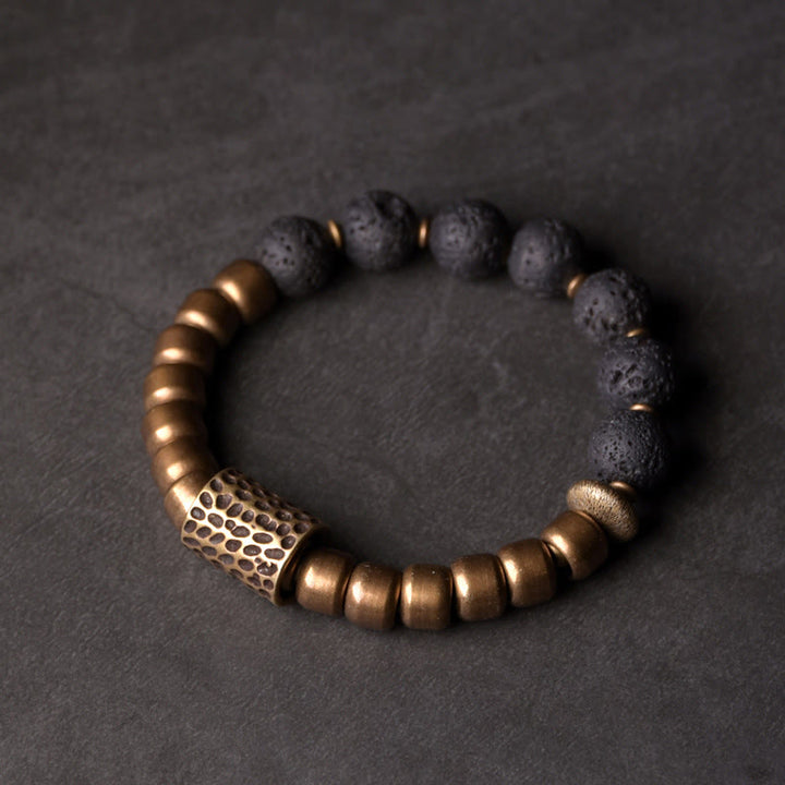 Bransoletka lecznicza z Buddha Stones , kamieniami lawowymi i tęczowym obsydianem i mosiądzem - Lawa Rock&Brass - 17-17,5 cm - image 0