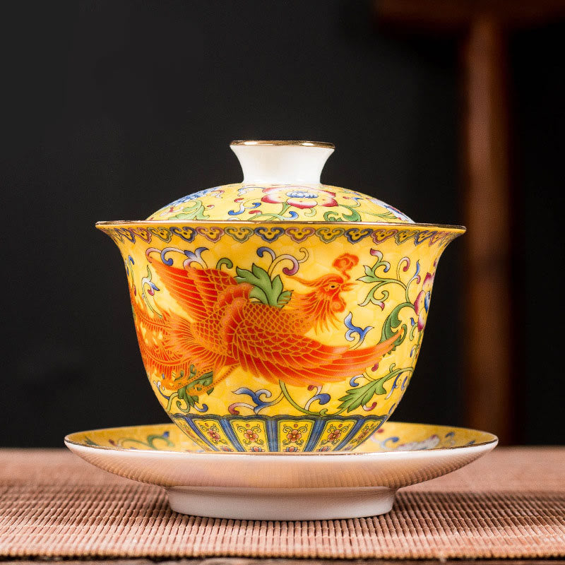 Buddha Stones Smok Feniks Kwiat Projekt Ceramiczny Gaiwan Sancai Filiżanka Kung Fu Filiżanka Do Herbaty I Spodek Z Pokrywką - Żółty - Feniks 9,5 cm * 9,3 cm * 160 ml - image 4