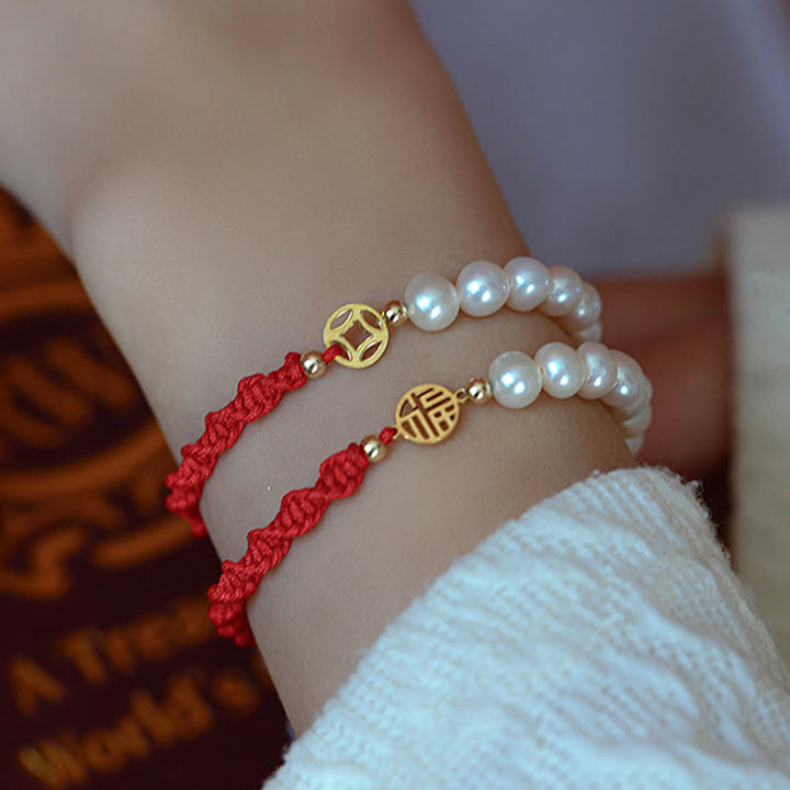 Bransoletka z czerwonego sznurka z perłowymi koralikami i powłoką ochronną 14K Gold