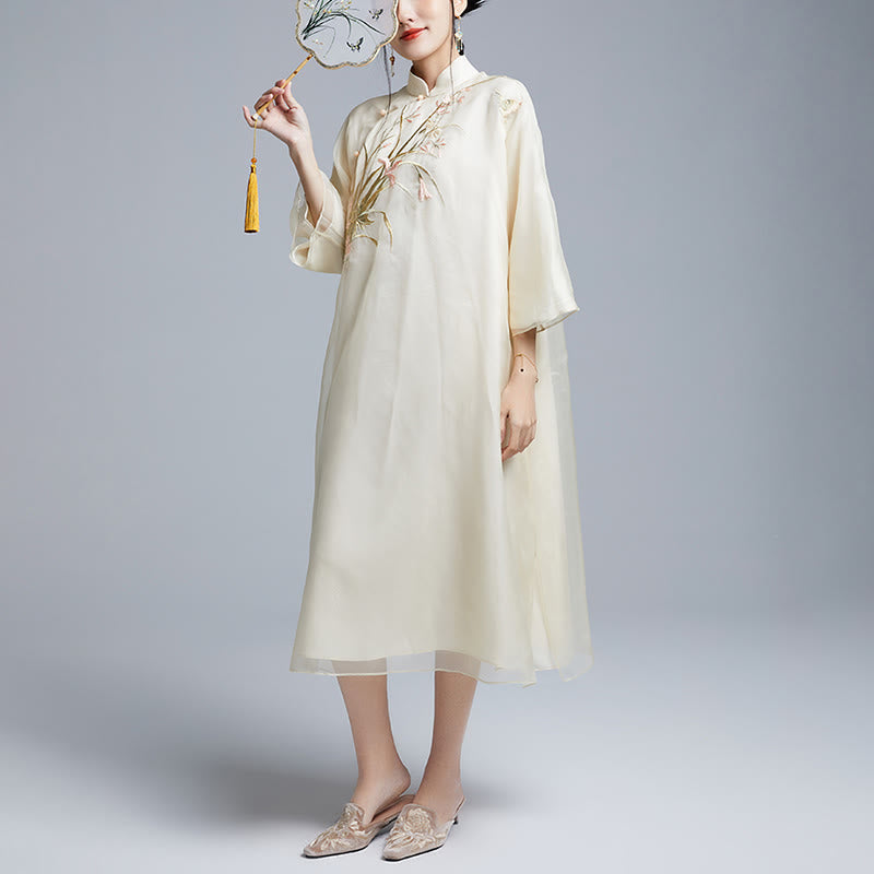 Buddha Stones 100% jedwab morwowy 6 Momme Sukienka Vintage Flower Butterfly Haft Qipao Sukienka damska Cheongsam - image 6