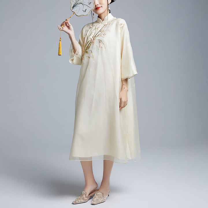 Buddha Stones 100% jedwab morwowy 6 Momme Sukienka Vintage Flower Butterfly Haft Qipao Sukienka damska Cheongsam - image 6