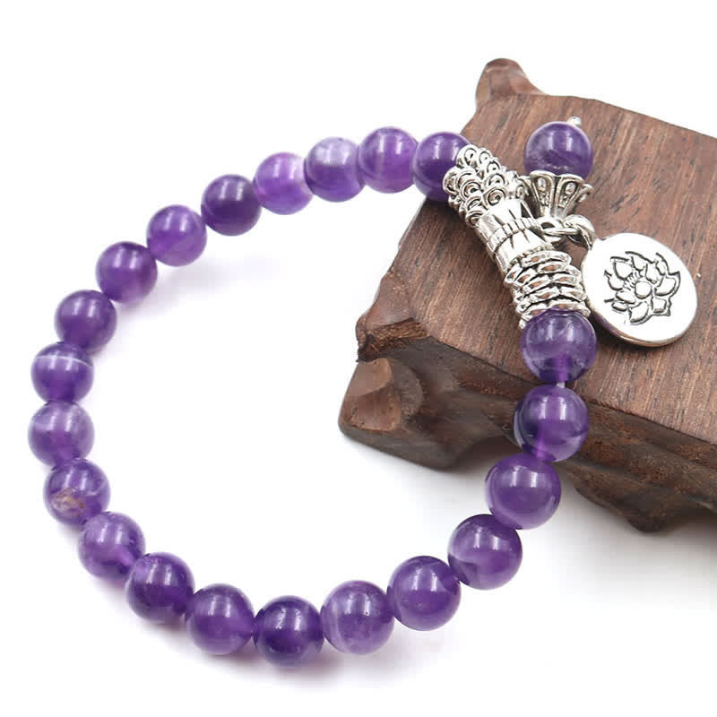 Bransoletka z kryształu ametystu i Buddha Stones, lotosu, uzdrawiająca równowaga