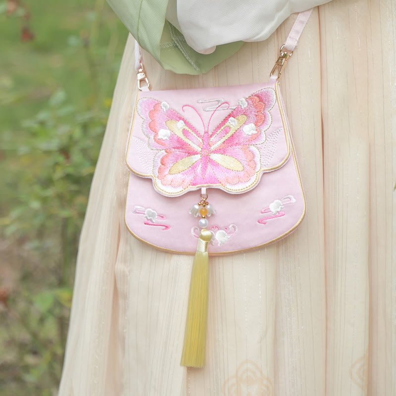 Buddha Stones Szczęście Haft Lotos Koi Ryba Królik Kwiat Hanfu Torba Crossbody Torba na Ramię - Motyl różowy dzwonek - image 24