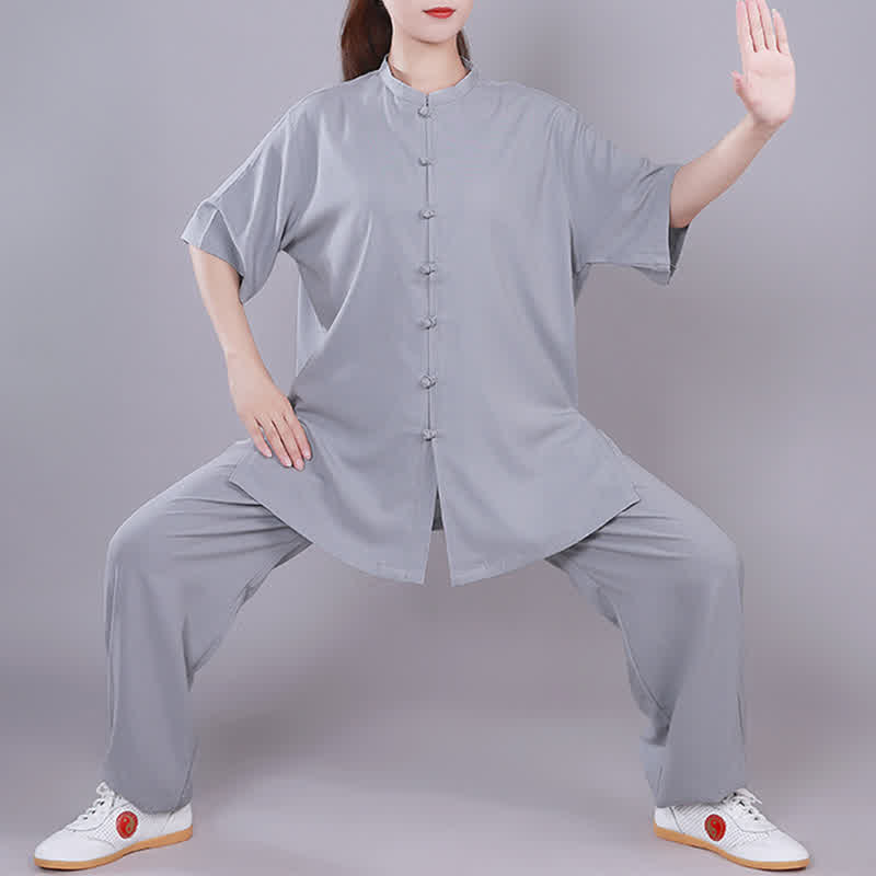 Buddha Stones Tai Chi Qigong Medytacja Modlitwa Duchowa Praktyka Zen Unisex Bawełniany Lniany Zestaw Ubrań - Szary - Krótki rękaw - US14, UK/AU18, EU46 (3XL)  - image 23