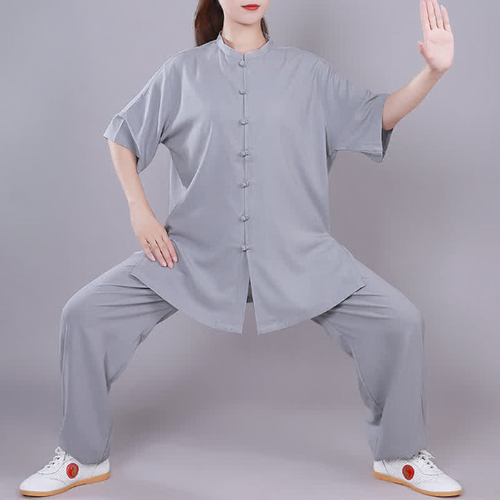 Buddha Stones Tai Chi Qigong Medytacja Modlitwa Duchowa Praktyka Zen Unisex Bawełniany Lniany Zestaw Ubrań - Szary - Krótki rękaw - US14, UK/AU18, EU46 (3XL)  - image 23