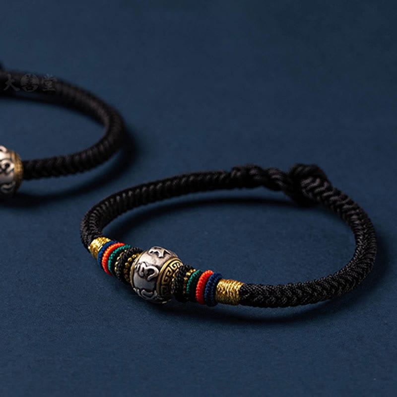 Buddha Stones 925 Srebro Sterlingowe Tybet Ręcznie Robione Om Mani Padme Hum Ochrona Szczęścia Bransoletka King Kong Knot Braided