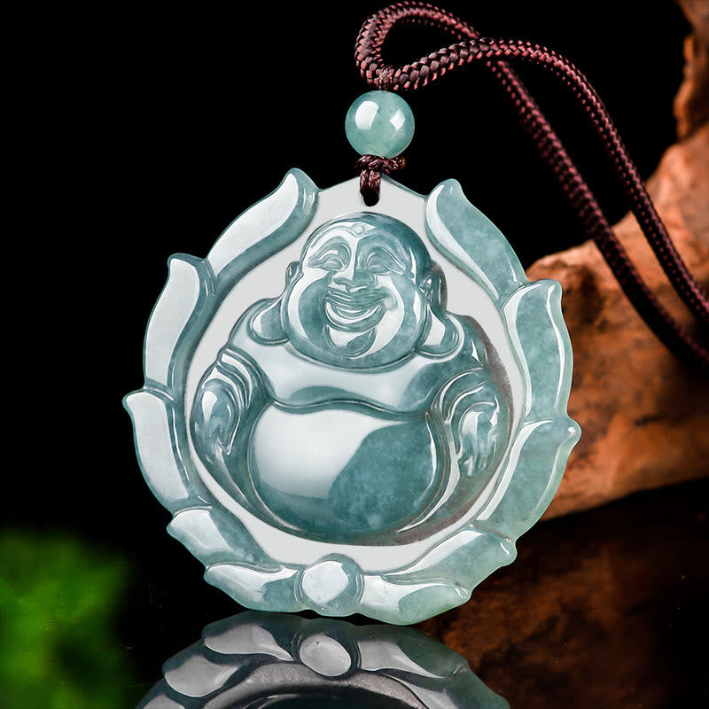 Buddha Stones Naturalny Jadeit Śmiejący Się Budda Wzór Lotosu Naszyjnik Szczęście Wisiorek - image 2