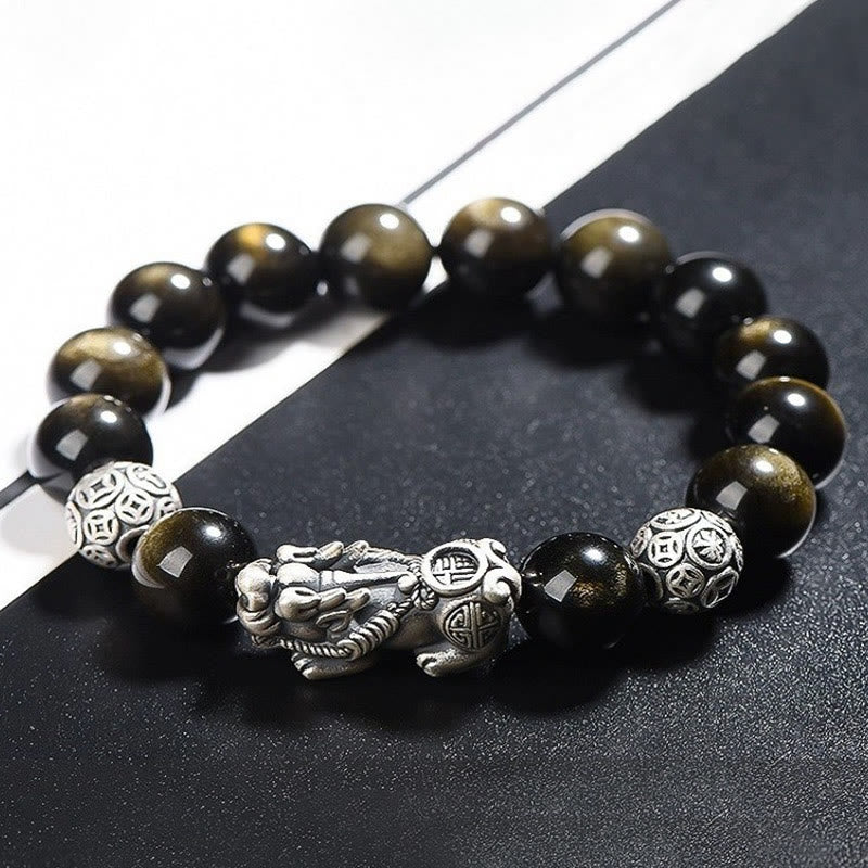 Buddha Stones 925 Srebro Sterling Naturalny Złoty Połysk Obsydian PiXiu Bransoletka Ochrony Bogactwa