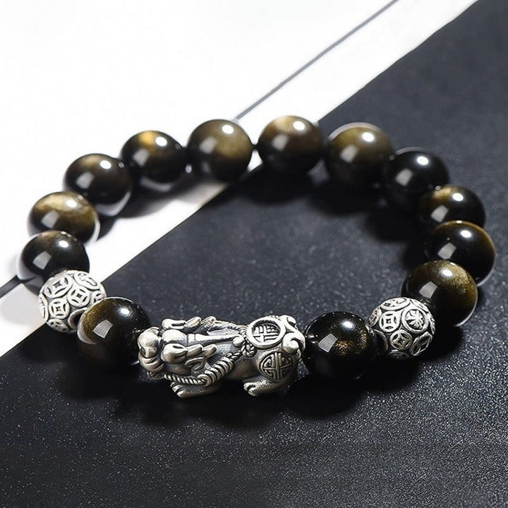 Buddha Stones 925 Srebro Sterling Naturalny Złoty Połysk Obsydian PiXiu Bransoletka Ochrony Bogactwa