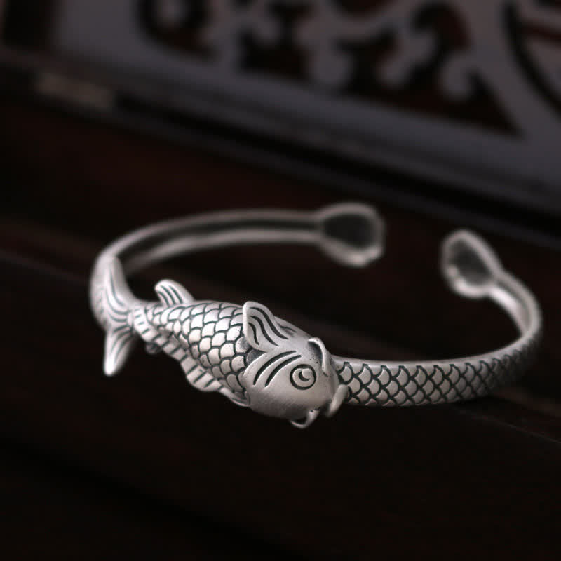 Buddha Stones 990 Srebro Sterling Ryba Koi Lotos Szczęście Bogactwo Bransoletka Bangle