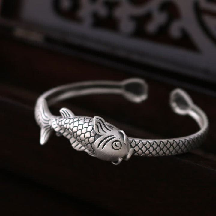 Buddha Stones 990 Srebro Sterling Ryba Koi Lotos Szczęście Bogactwo Bransoletka Bangle