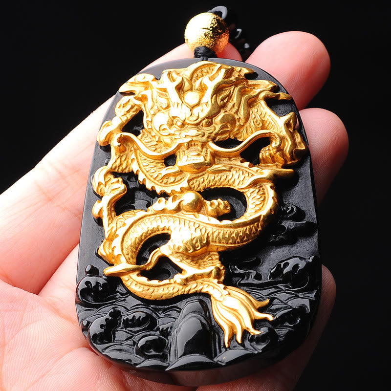 Naszyjnik z zawieszką na szczęście z Buddha Stones 18k pozłacany smokiem obsydian - image 4