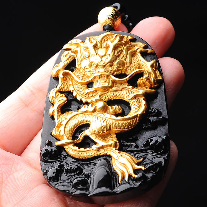 Naszyjnik z zawieszką na szczęście z Buddha Stones 18k pozłacany smokiem obsydian - image 4