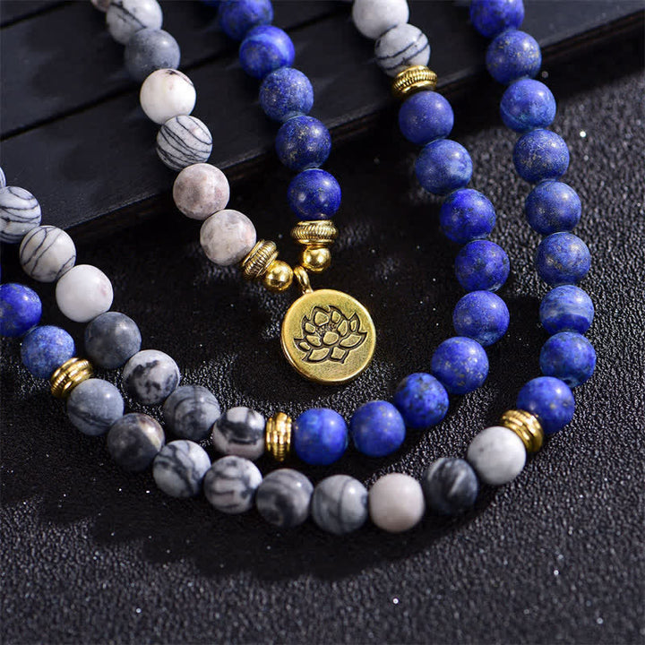 Buddha Stones Lazuryt Picasso Jaspis Amazonit Rodonit Apatyt Pozytywna Bransoletka z Koralików Modlitwy Lotosu