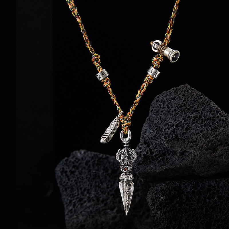 Buddha Stones Tybetańskie Ręcznie Robione 925 Srebro Dorje Vajra Om Mani Padme Hum Pióro Siła Naszyjnik Wisiorek - image 2