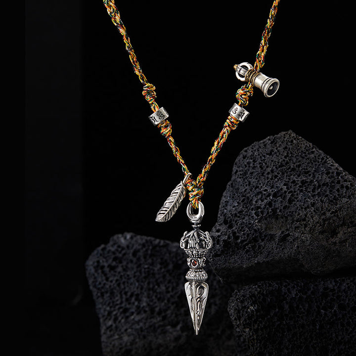 Buddha Stones Tybetańskie Ręcznie Robione 925 Srebro Dorje Vajra Om Mani Padme Hum Pióro Siła Naszyjnik Wisiorek - image 2