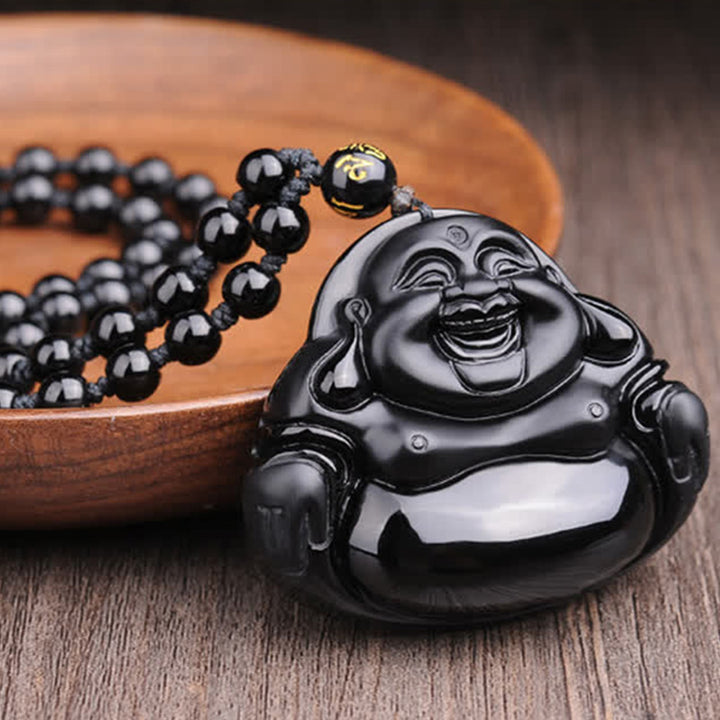 Naszyjnik z Buddha Stones Śmiejący się Budda Czarny Obsydian Transformacja - image 3