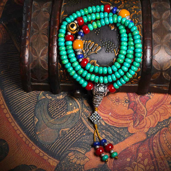 Buddha Stones 108 Mala Koraliki Tybetański Turkus Dzi Koraliki Ochrona Bransoletka